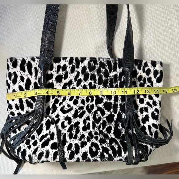 Raviani Black and White Leopard Print Bag with Black Fringe Tassels - Picture 8 of 9